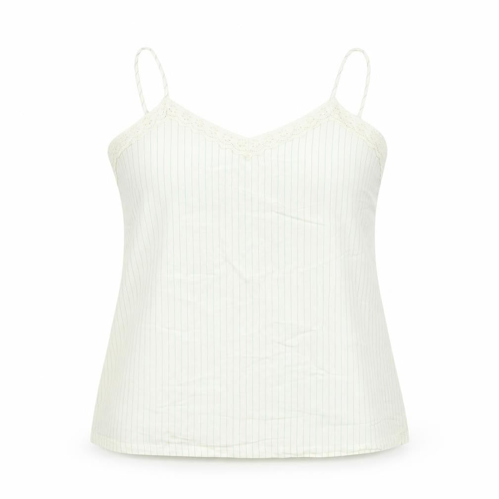 Front view of Marks & Spencer women’s beige striped viscose basic tank, size UK 18, v-neck