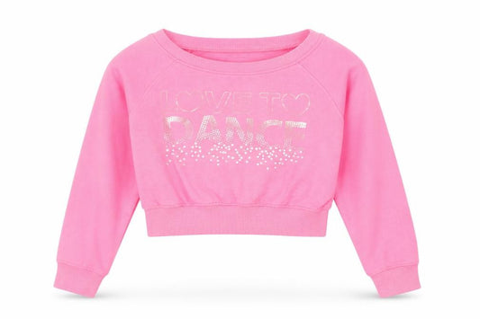 Front view of Brody girls’ pink 100% cotton pullover sweatshirt, size 11-12, years pullover - love to dance
