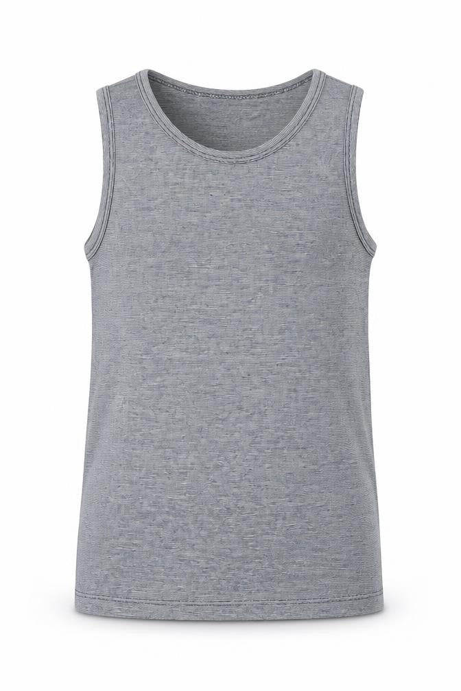 Front view of H&M boys’ blue cotton basic tank, size 6-7, years scoop neck pullover