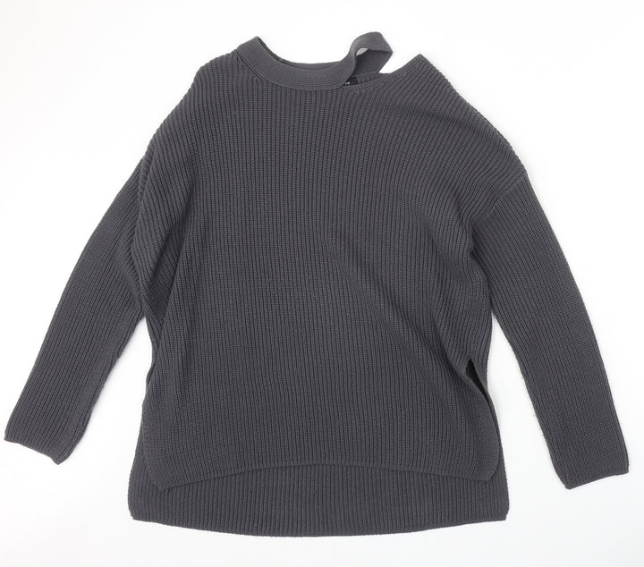 New Look Womens Grey Round Neck Acrylic Pullover Jumper Size 8 - Cut Out Detail