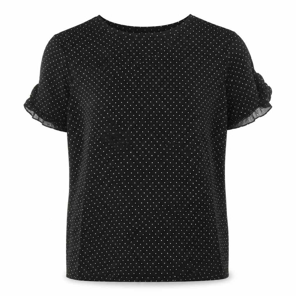 Front view of Oasis women’s black polka dot polyester basic t-shirt, size M, boat neck