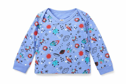 Front view of Lullaby boys’ blue geometric polyester basic t-shirt, size 6-9, months round neck pullover - space