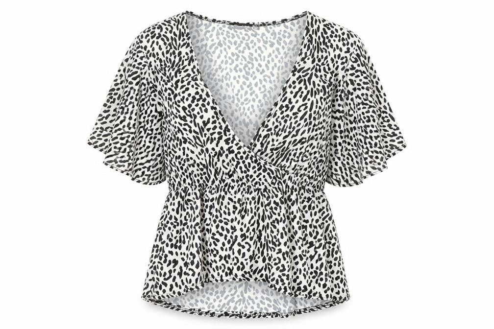 Front view of PRETTYLITTLETHING women’s white animal print polyester basic blouse, v-neck - leopard print angel sleeve