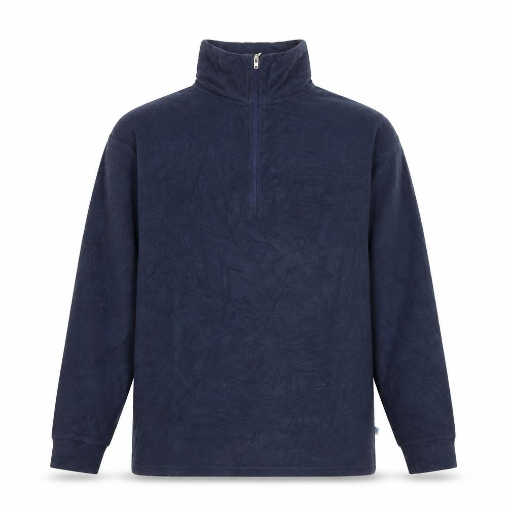 Front view of women’s blue polyester pullover sweatshirt, size M, zip