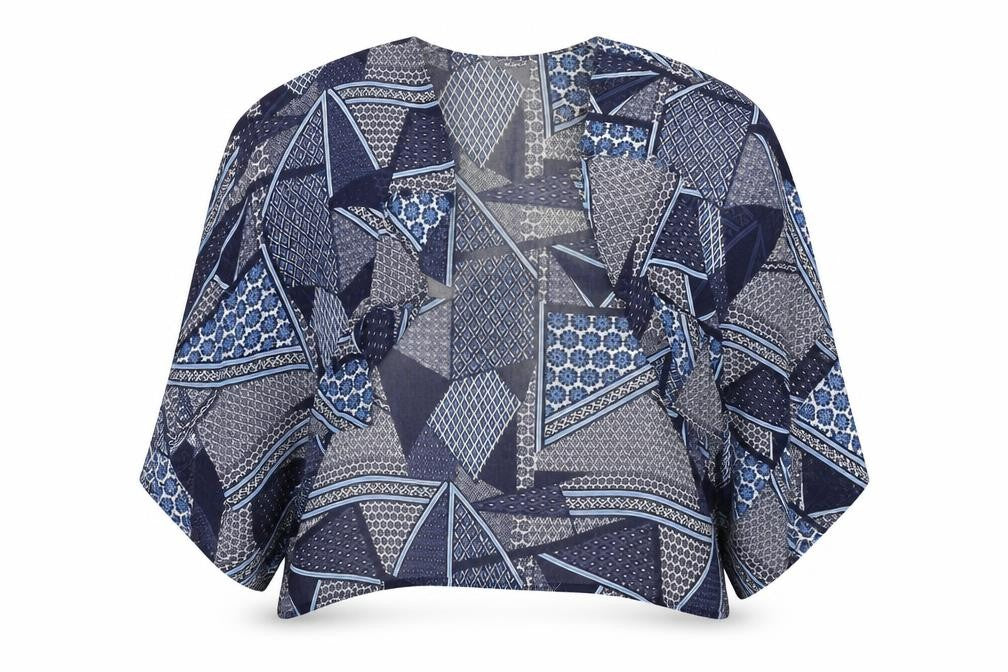 New Look Girls Blue Geometric Polyester Kimono Blouse Size S V-Neck Pullover