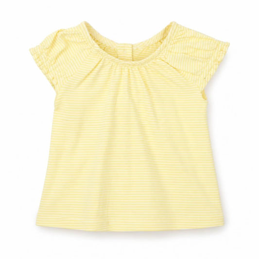 Front view of Next Baby Yellow Striped 100% Cotton Basic T-Shirt, size 0-3, Months Scoop Neck Button