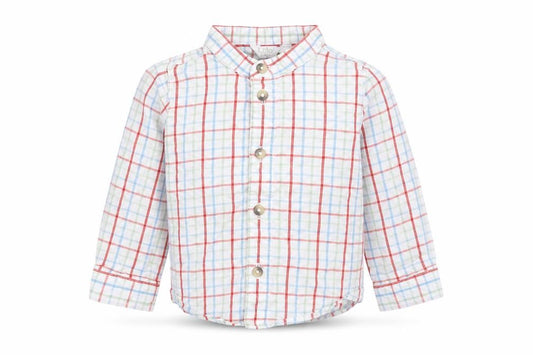 Front view of M&Co boys’ multicoloured plaid cotton basic button-up, size 6-9, months collared button
