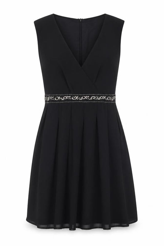 Front view of Select women’s black polyester trapeze & swing, size UK 8, v-neck zip
