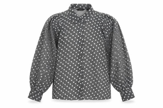 Front view of Next women’s black geometric polyester basic button-up, size UK 10, collared