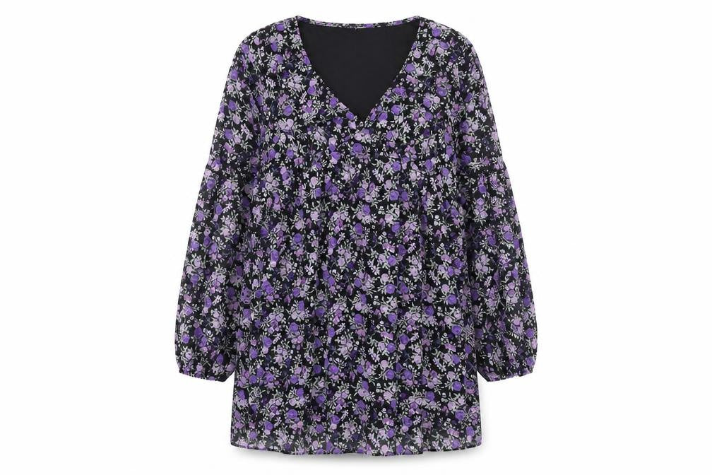 Front view of H&M women’s purple floral polyester a-line, size M, v-neck pullover