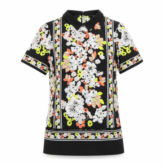 Front view of Oasis women’s multicoloured floral polyester basic t-shirt, size UK 8, collared