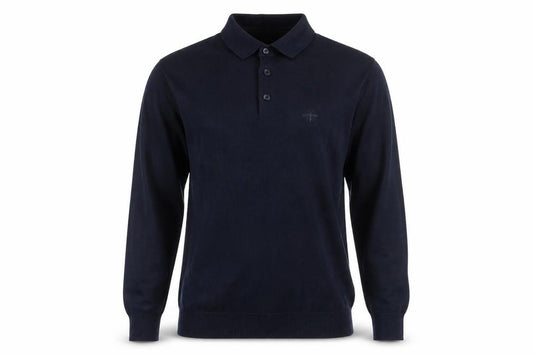 Front view of River Island men’s blue polyester polo, size XS, collared button