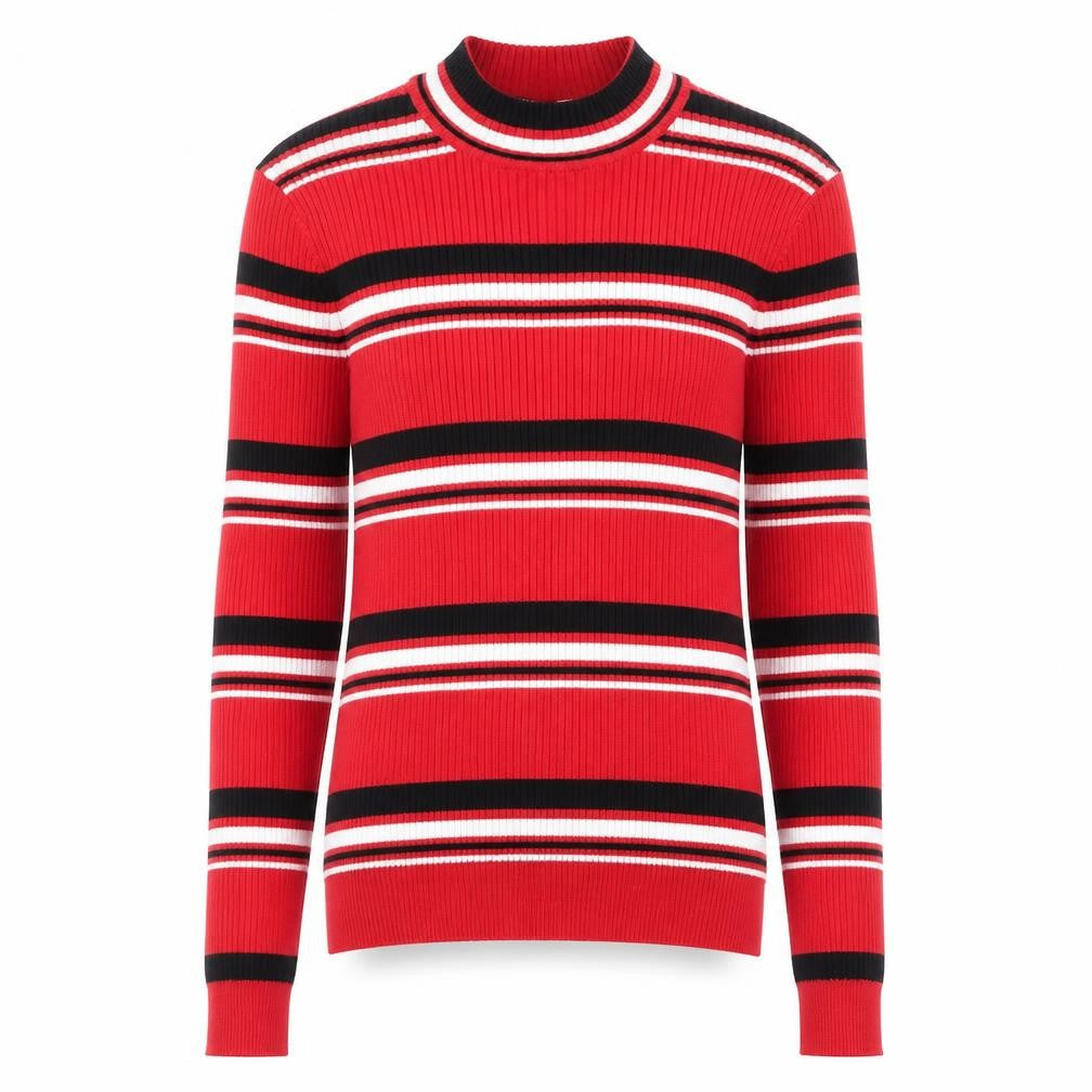 Front view of H&M women’s red mock neck striped viscose jumper, size XS