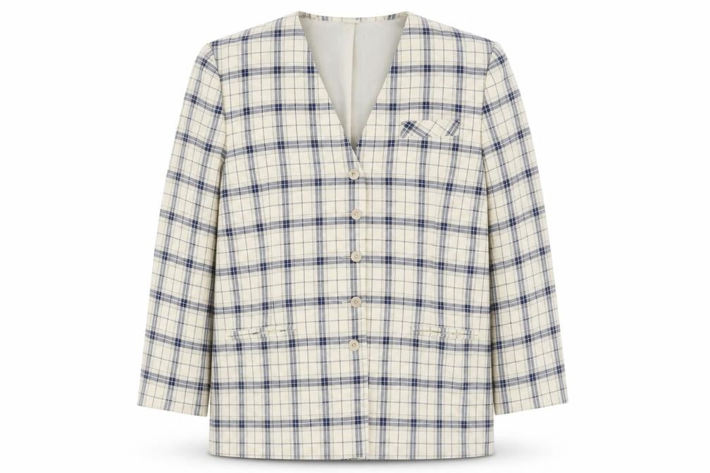 Front view of Paul Separates women’s ivory plaid polyester jacket blazer, size UK 16