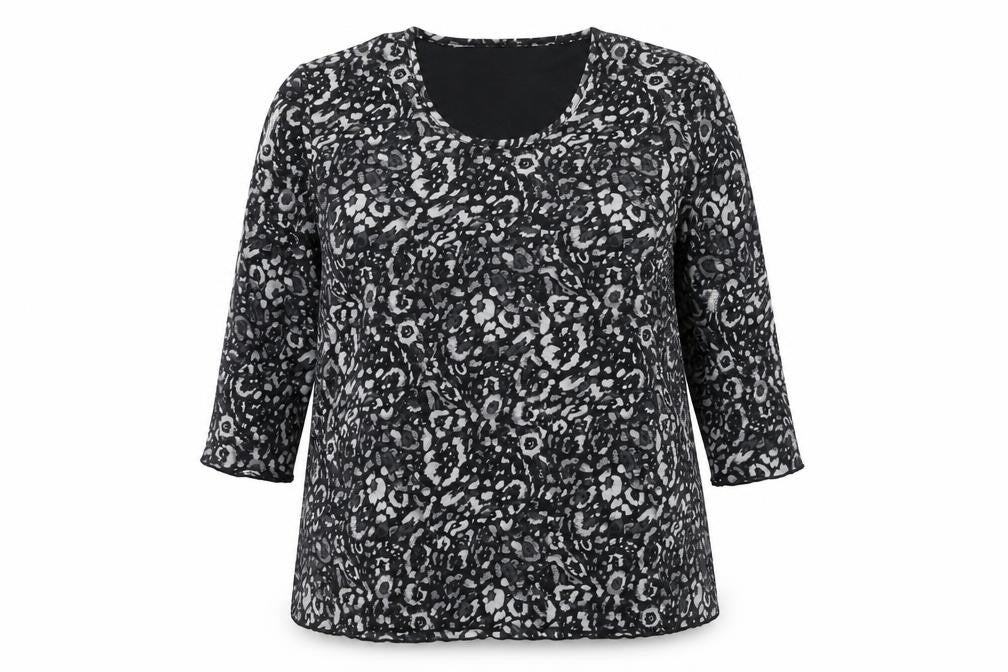 Front view of TIGI women’s black geometric polyester basic t-shirt, size UK 14, round neck -, size UK 14-16