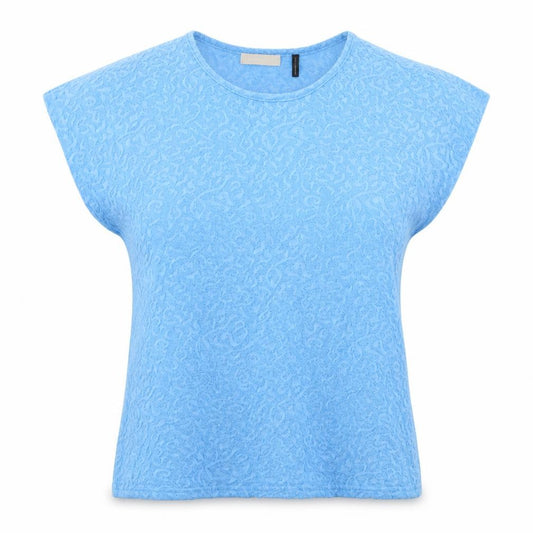 Front view of Anthology women’s blue geometric polyester basic t-shirt, size UK 14, round neck