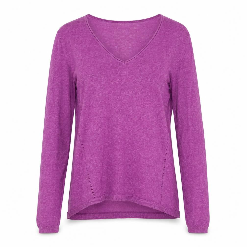Front view of La Redoute women’s purple v-neck viscose jumper, size UK 10