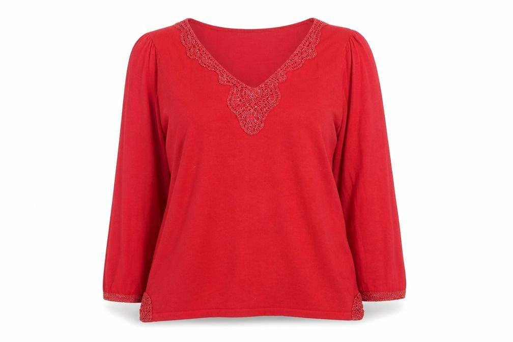 Front view of Papaya women’s red v-neck viscose jumper, size UK 14