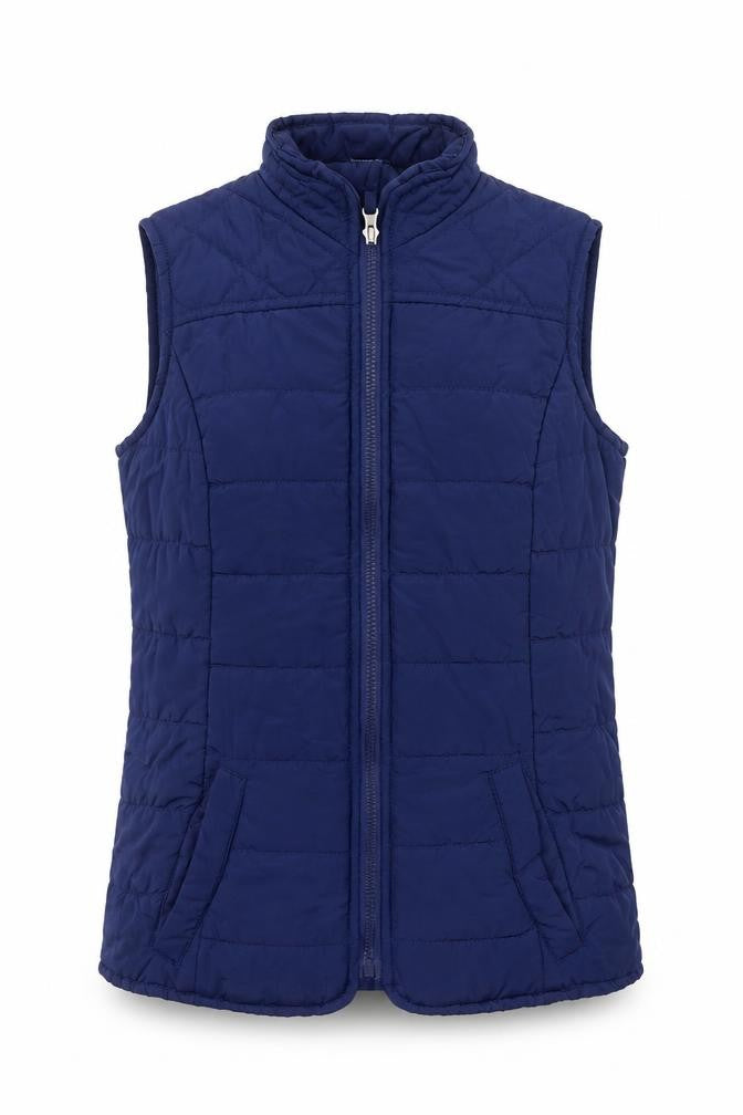Front view of Bonmarché women’s blue gilet jacket, size UK 10, zip