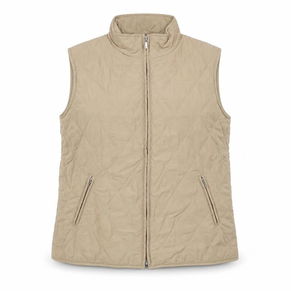 Front view of EWM women’s beige gilet jacket, size M, zip