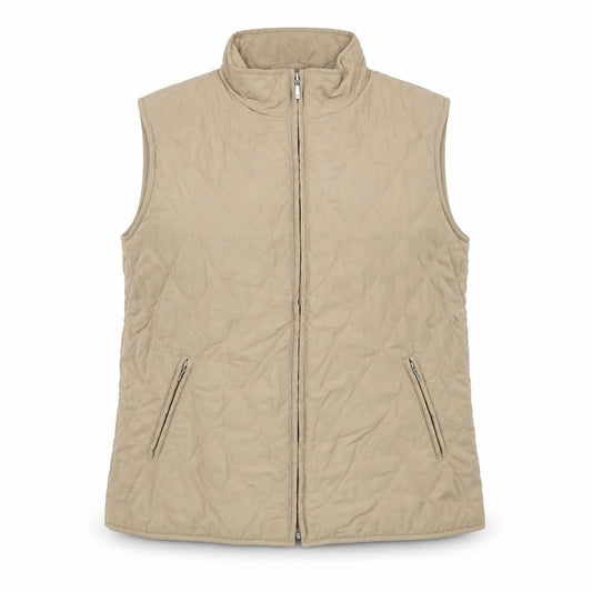 Front view of EWM women’s beige gilet jacket, size M, zip