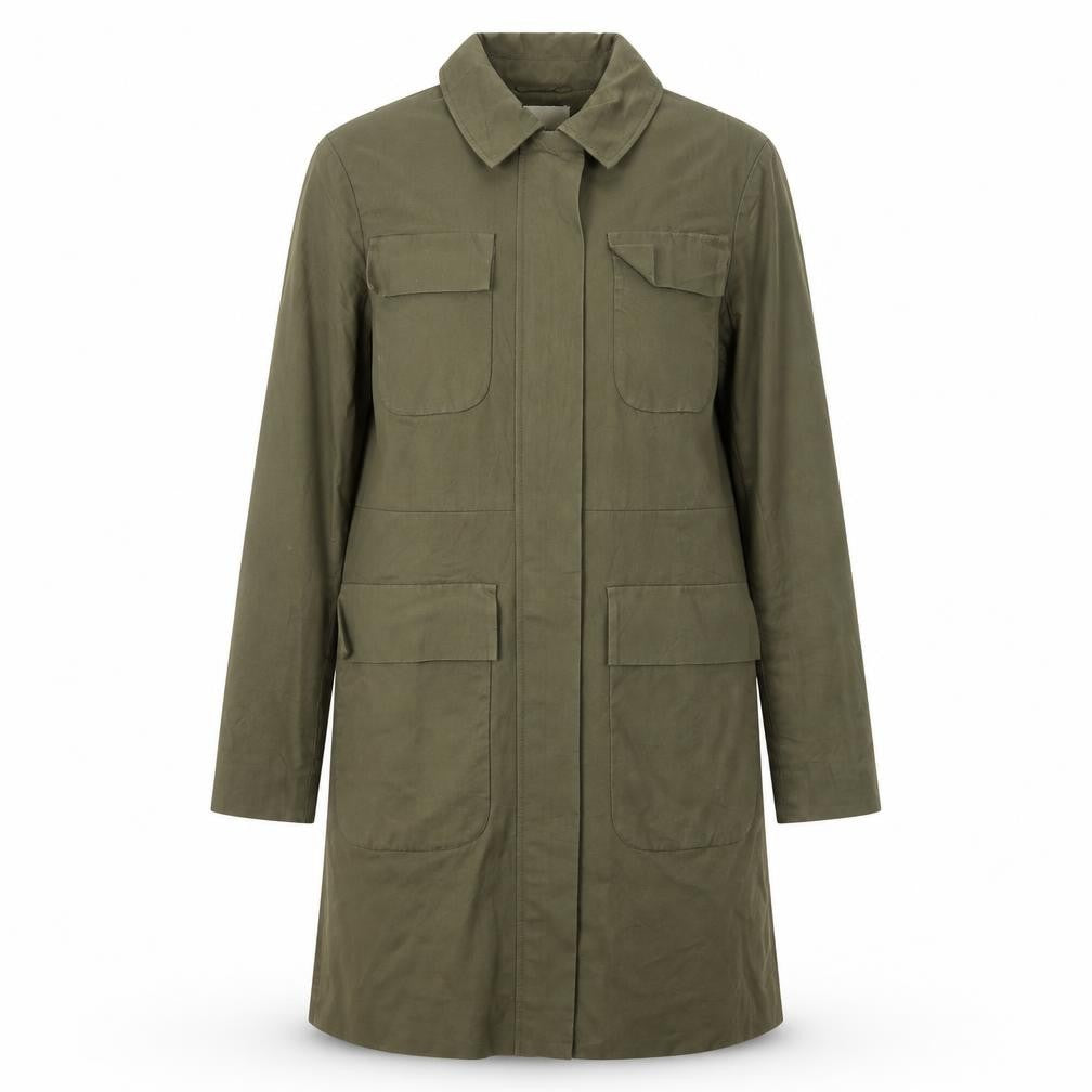 Front view of ASOS women’s green rain coat coat, size UK 6, zip