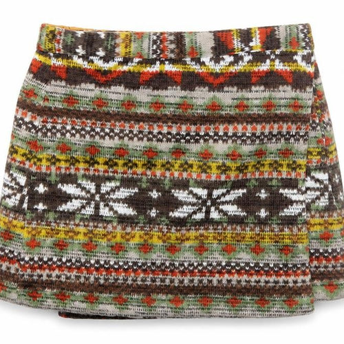 Preworn Womens Yellow Fair Isle Polyester Mini Skirt Size 6 Snap