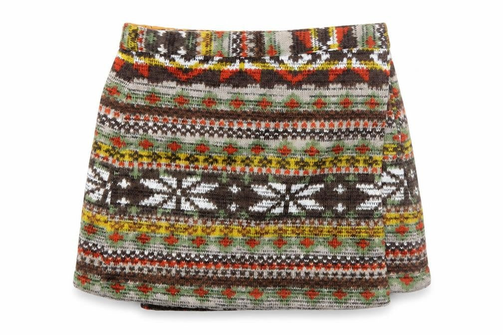 Preworn Womens Yellow Fair Isle Polyester Mini Skirt Size 6 Snap