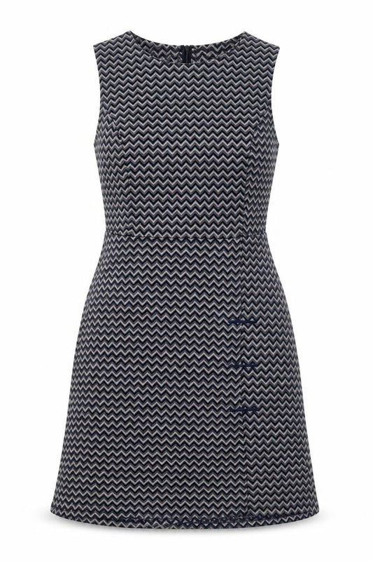 Front view of Apricot women’s blue geometric polyester a-line, size UK 10, round neck zip