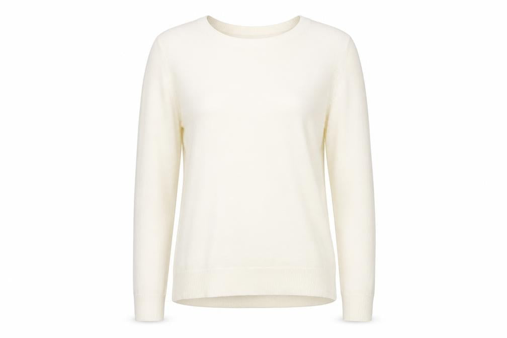 Front view of Marks & Spencer women’s ivory round neck acrylic jumper, size UK 16