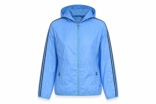 Front view of IZOD women’s blue jacket, size S, zip