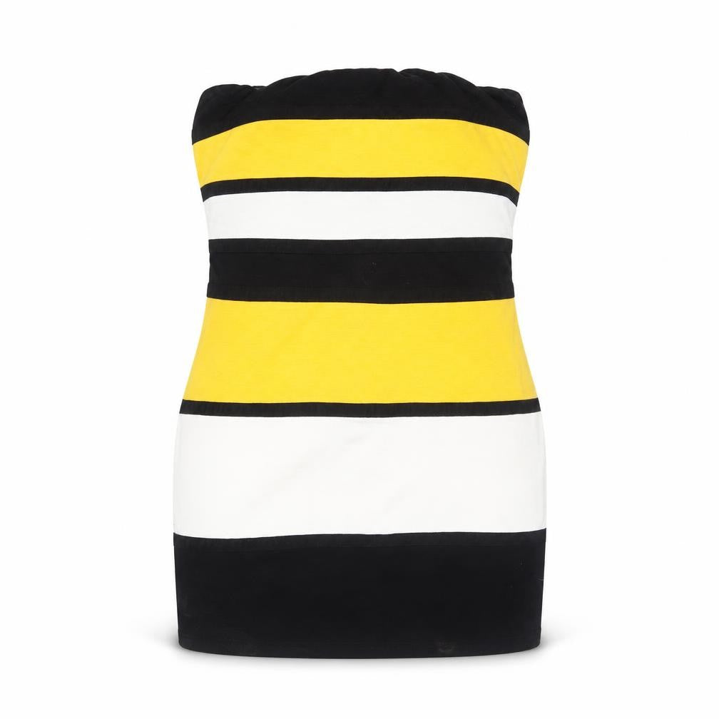 Front view of AX Paris women’s black striped polyester mini, size UK 14, square neck zip