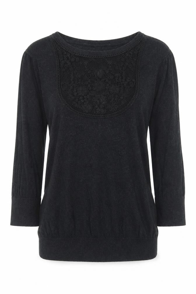 Front view of Topshop women’s grey round neck cotton jumper, size UK 8, pullover - lace front