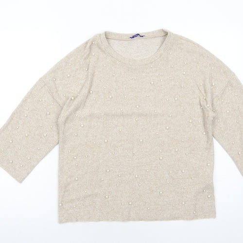 Zara Womens Beige Round Neck Viscose Pullover Jumper Size S Pullover - Pearl