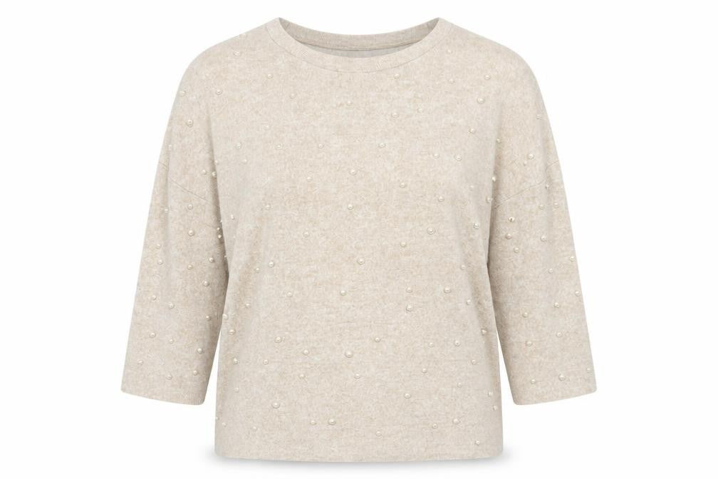 Front view of Zara women’s beige round neck viscose jumper, size S, pullover - pearl