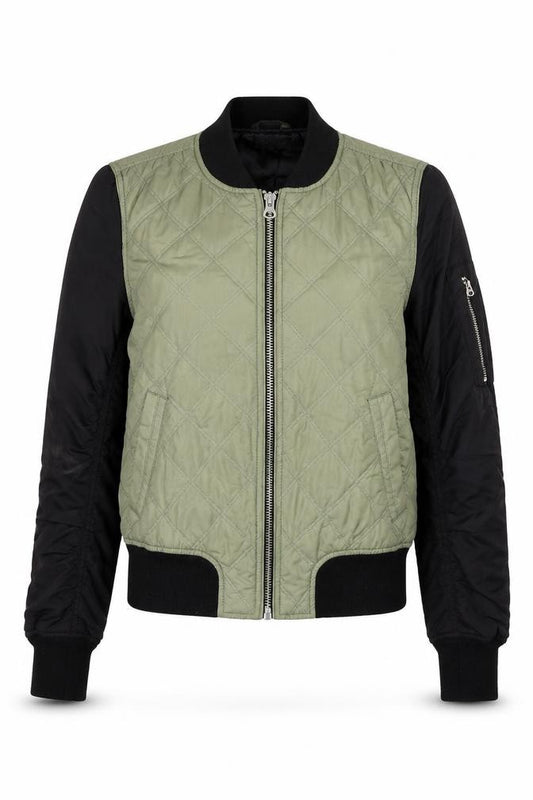 Front view of Topshop women’s green bomber jacket jacket, size UK 6, zip