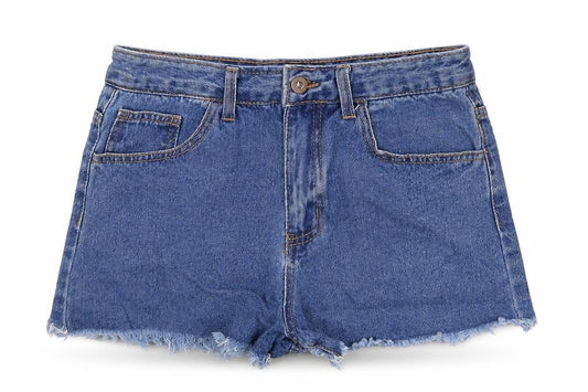 Front view of Fashion Nova women’s blue cotton boyfriend shorts, size UK 8, regular zip