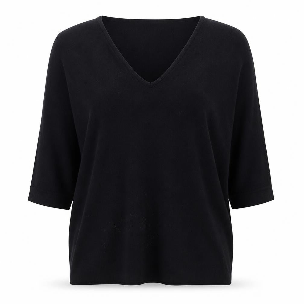 Front view of Debenhams women’s black v-neck viscose jumper, size M