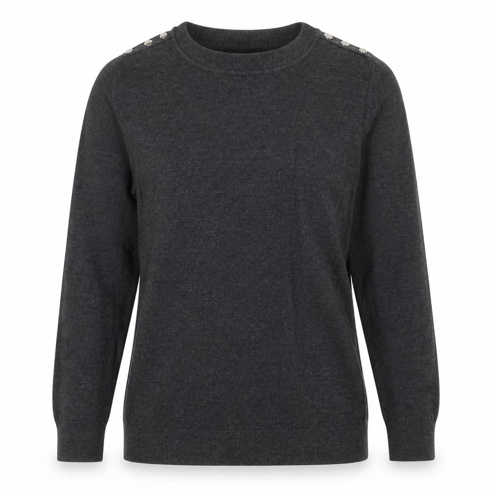 Front view of Atmosphere women’s grey round neck acrylic jumper, size UK 14