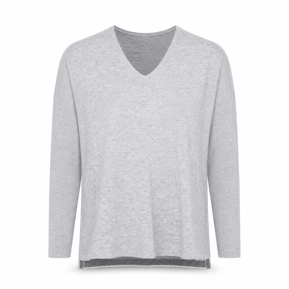 Front view of Debenhams women’s grey v-neck polyester jumper, size UK 10