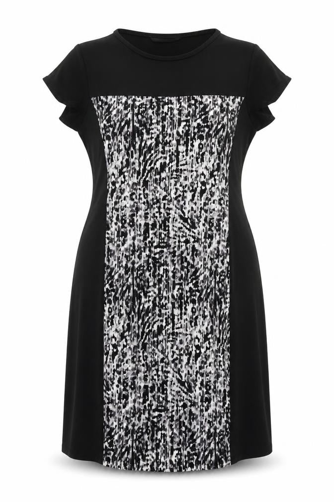 Front view of Reflections women’s black geometric viscose a-line, size UK 14, round neck pullover