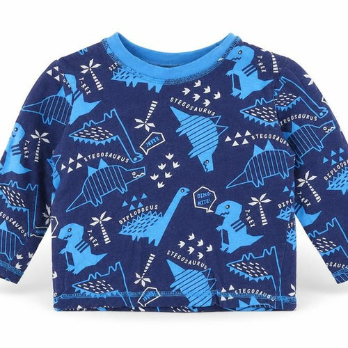 Studio Boys Blue Geometric 100% Cotton Pullover T-Shirt Size 18-24 Months Round Neck Pullover - Dinosaur Print