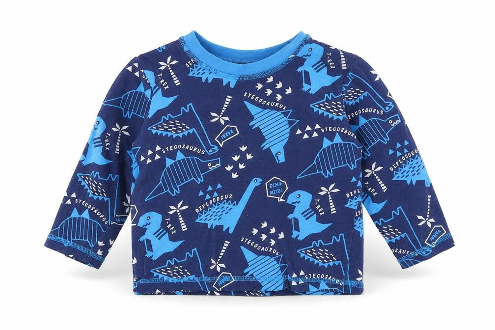Studio Boys Blue Geometric 100% Cotton Pullover T-Shirt Size 18-24 Months Round Neck Pullover - Dinosaur Print