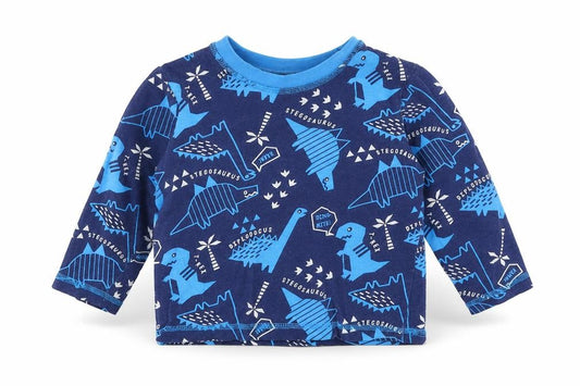 Front view of Studio boys’ blue geometric 100% cotton pullover t-shirt, months round neck pullover - dinosaur print