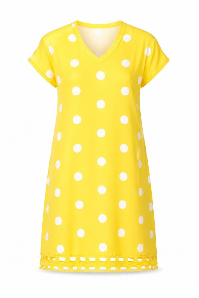 Preworn Womens Yellow Polka Dot Polyester T-Shirt Dress Size S V-Neck Pullover