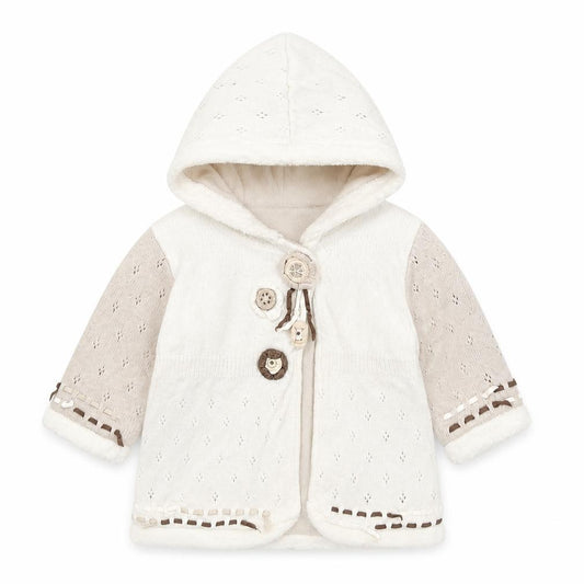 Front view of Catimini girls’ white viscose cardigan jumper, size 6-9, months button