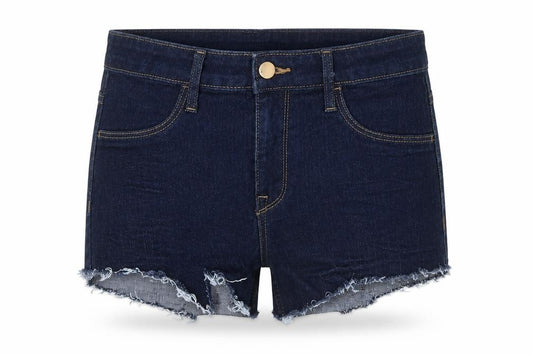 Front view of H&M women’s blue cotton boyfriend shorts, size UK 27, in regular zip