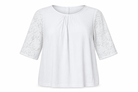 Front view of Monsoon women’s grey polyester basic blouse, size UK 14, round neck - lace detail