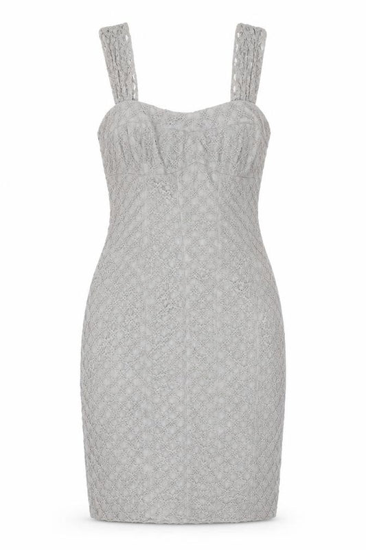 Front view of Maggie Boutique women’s grey cotton bodycon, size UK 8, square neck zip