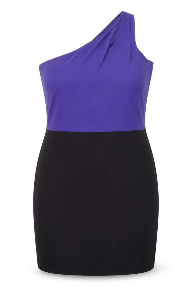 Front view of Spirit women’s black colourblock polyester bodycon, size UK 14, one shoulder pullover